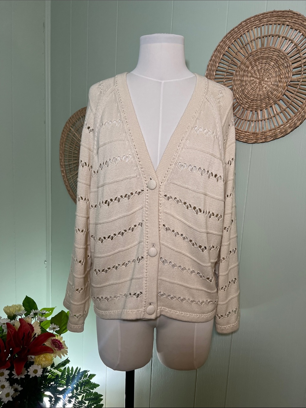 Women's Cream Button-Front Open Knit Cardigan Cotton